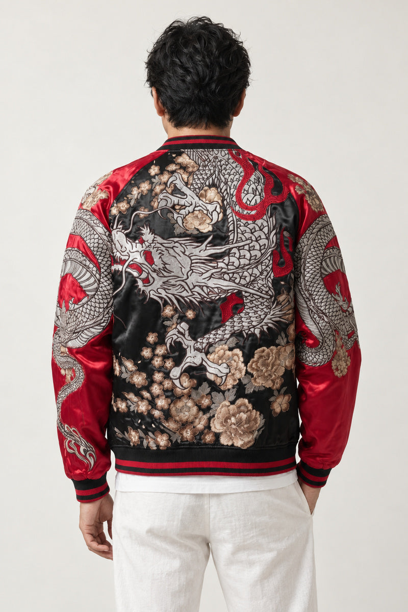 Twin Dragon Peony Sukajan 'Ryubotan' – back view of black and red sukajan showing two embroidered dragons and peony flowers
