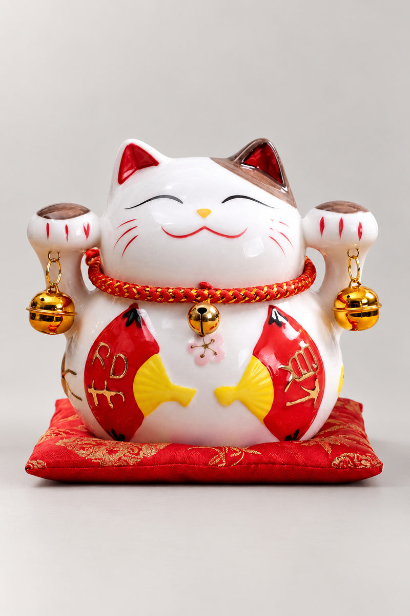 Twin Fan Lucky Cat Money Box 'Ogineko' – white ceramic lucky cat money box holding two red fans with gold characters, both paws raised, Japanese maneki neko lucky cat figurine on a red brocade cushion, studio view