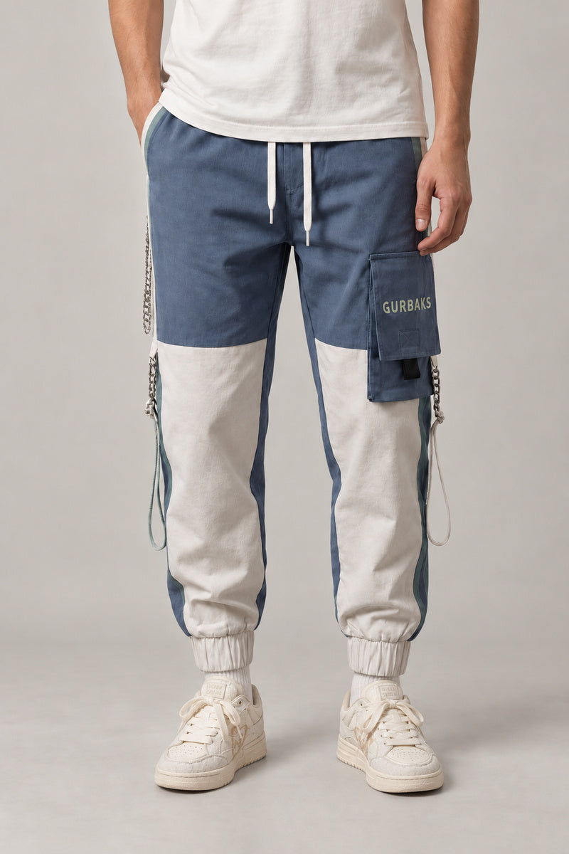 Two Tone Colour Block Joggers 'Katami' – blue and white two tone colour block joggers with cargo pocket, Japanese streetwear trousers, front view on model