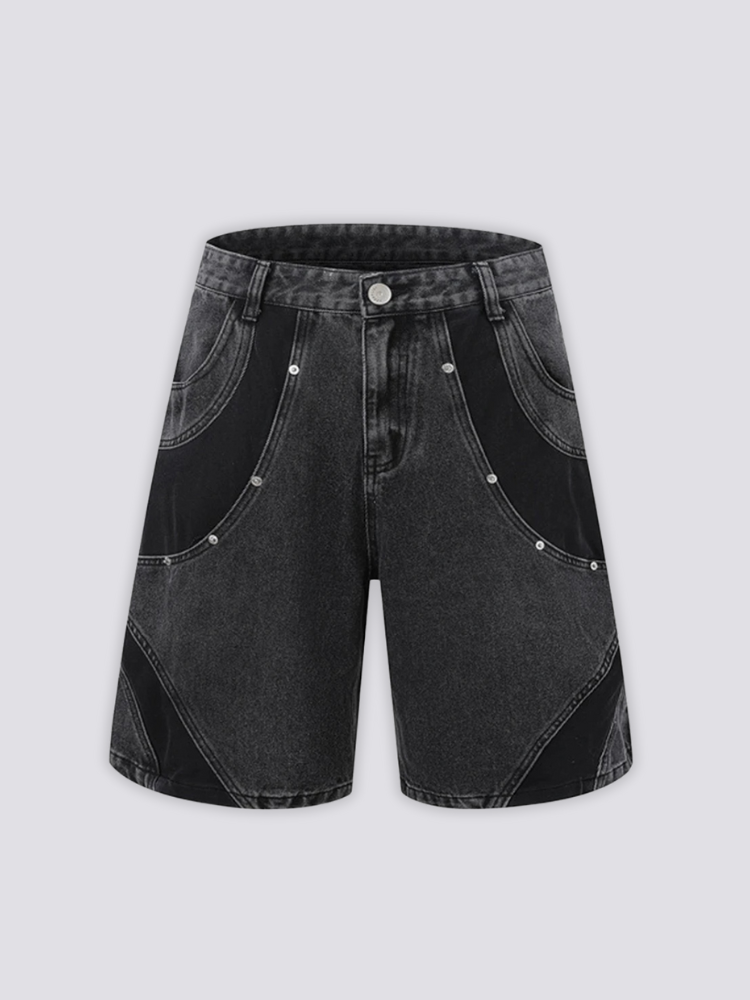 Two Tone Panelled Denim Shorts 'Hagi' – flat lay front view of the black two tone panelled denim shorts