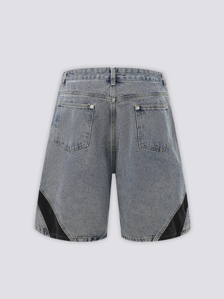 Two Tone Panelled Denim Shorts 'Hagi' – flat lay back view of the grey two tone panelled denim shorts