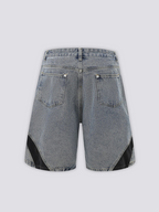 Two Tone Panelled Denim Shorts 'Hagi' – flat lay back view of the grey two tone panelled denim shorts
