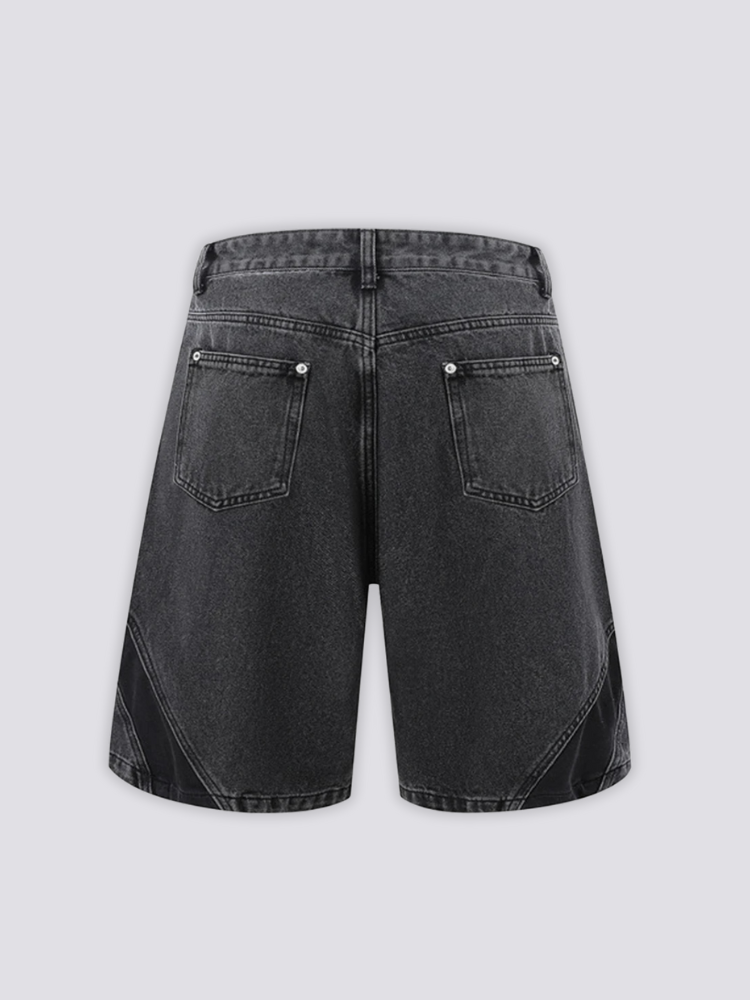 Two Tone Panelled Denim Shorts 'Hagi' – flat lay back view of the black two tone panelled denim shorts