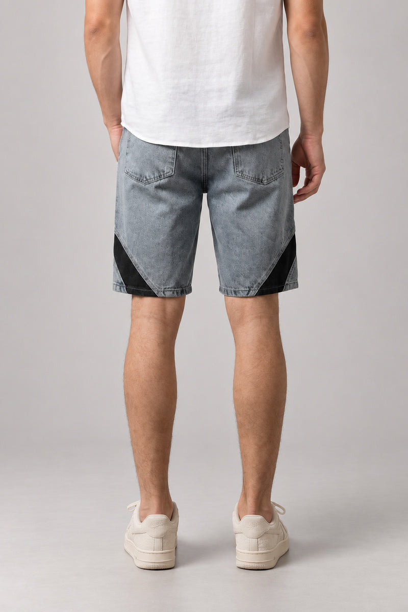 Two Tone Panelled Denim Shorts 'Hagi' – back view of the grey two tone panelled denim shorts on model