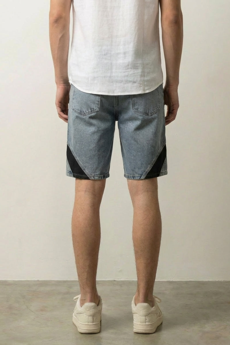 Two Tone Panelled Denim Shorts 'Hagi' – grey two tone panelled denim shorts, back view on model, studio