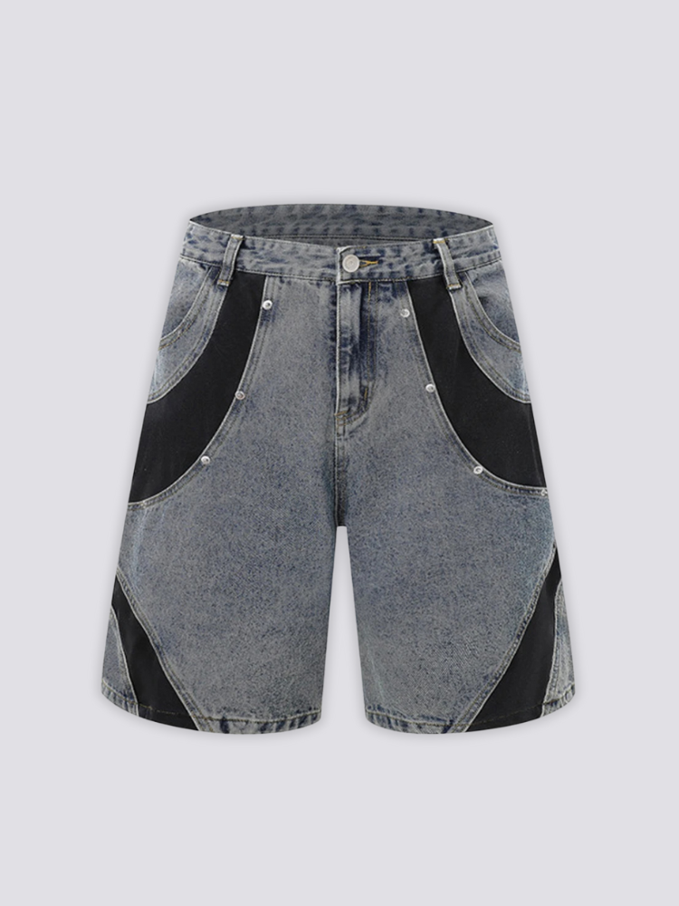 Two Tone Panelled Denim Shorts 'Hagi' – flat lay front view of the grey two tone panelled denim shorts