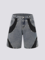 Two Tone Panelled Denim Shorts 'Hagi' – flat lay front view of the grey two tone panelled denim shorts