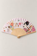 Ukiyo-e Geisha Fan 'Oiran' – folding fan printed with an ukiyo-e courtesan in pink kimono among balloons and flowers, Japanese folding sensu fan with bamboo ribs, open, studio view