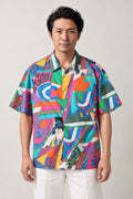 Ukiyo-e Pop Art Shirt 'Irodori' – multicolour short sleeve shirt with ukiyo-e pop art print, Japanese streetwear camp collar shirt, front view on model