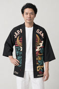 Varsity Oni Happi Jacket 'Bancho' – black varsity style happi jacket with red oni mask and lettering print, Japanese happi coat, unisex festival jacket, front view on model