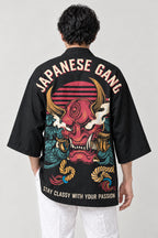 Varsity Oni Happi Jacket 'Bancho' – back view of black happi jacket showing the red oni demon mask varsity print