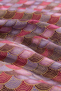 Violet Seigaiha Furoshiki 'Sumirenami' – furoshiki printed with seigaiha wave pattern in violet, purple and pink outlined in gold, Japanese furoshiki wrapping cloth 50 by 145 cm, close-up of the print