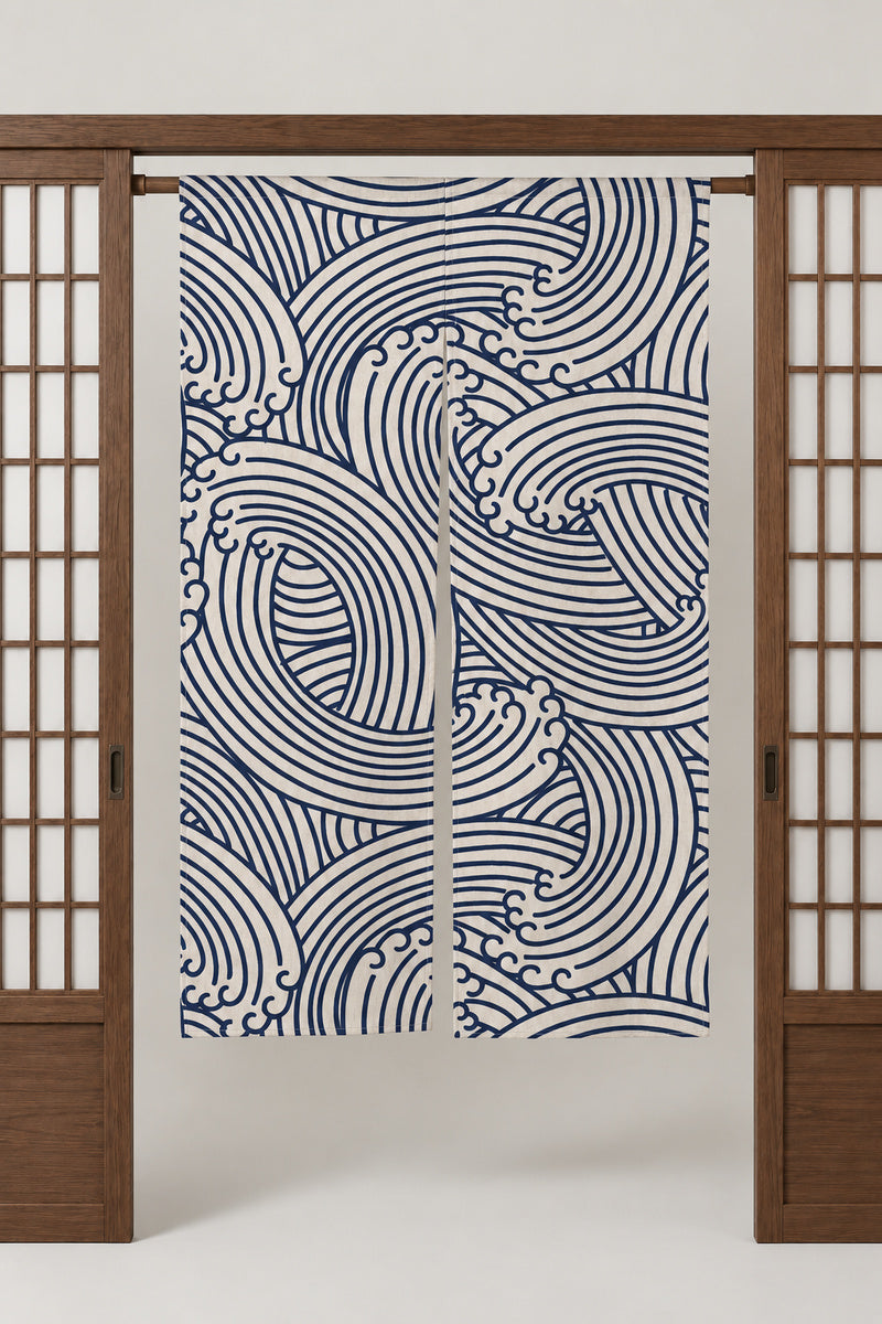 Water Spiral Japanese Curtain 'Uzumaki' – cream noren with navy water spirals in fine lines, split Japanese noren door curtain hung on a rod between sliding screens, studio view