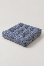 Wave Patchwork Chair Cushion 'Namiza' – square tufted chair cushion in a diagonal patchwork of blue Japanese wave prints, Japanese seat pad, studio view