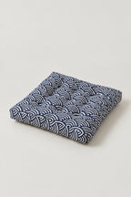 Wave Patchwork Chair Cushion 'Namiza' – square tufted chair cushion in a blue seigaiha scale print, Japanese seat pad, studio view