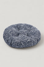 Wave Print Zabuton Floor Cushion 'Naminoza' – round floor cushion in blue flowing water print, Japanese zabuton floor cushion, studio view