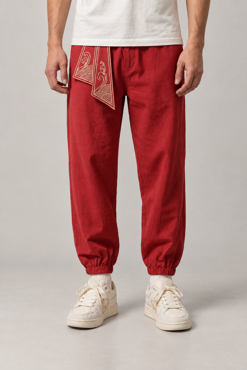 Wave Sash Harem Pants 'Namiobi' – red wave sash harem pants, front view on model