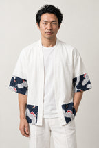 White Crane Border Kimono Cardigan 'Tancho' – white Japanese kimono cardigan with navy crane print border on hem and sleeves, unisex haori style, front view on model