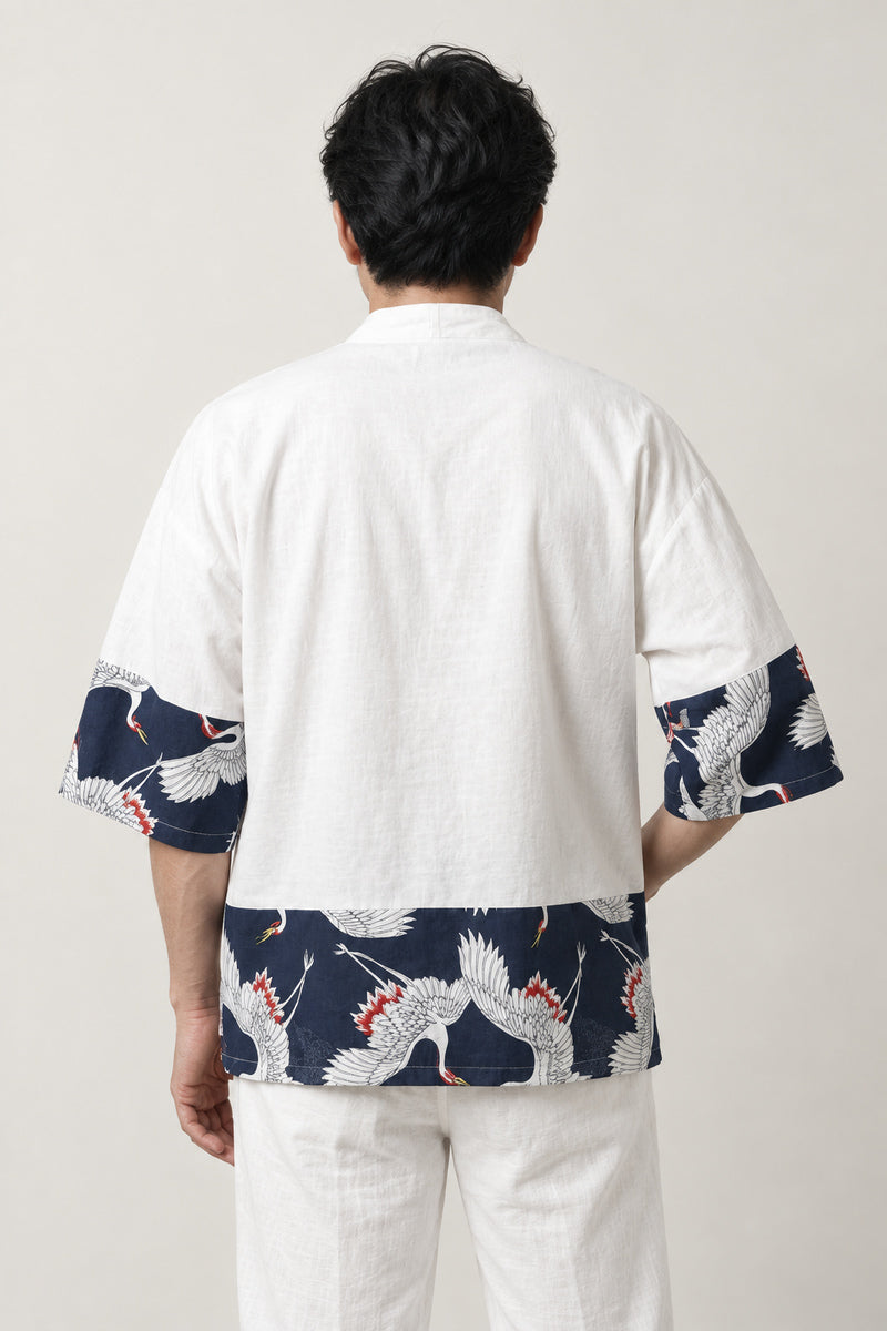 White Crane Border Kimono Cardigan 'Tancho' – back view of white kimono cardigan with red-crowned crane print border