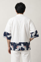 White Crane Border Kimono Cardigan 'Tancho' – back view of white kimono cardigan with red-crowned crane print border