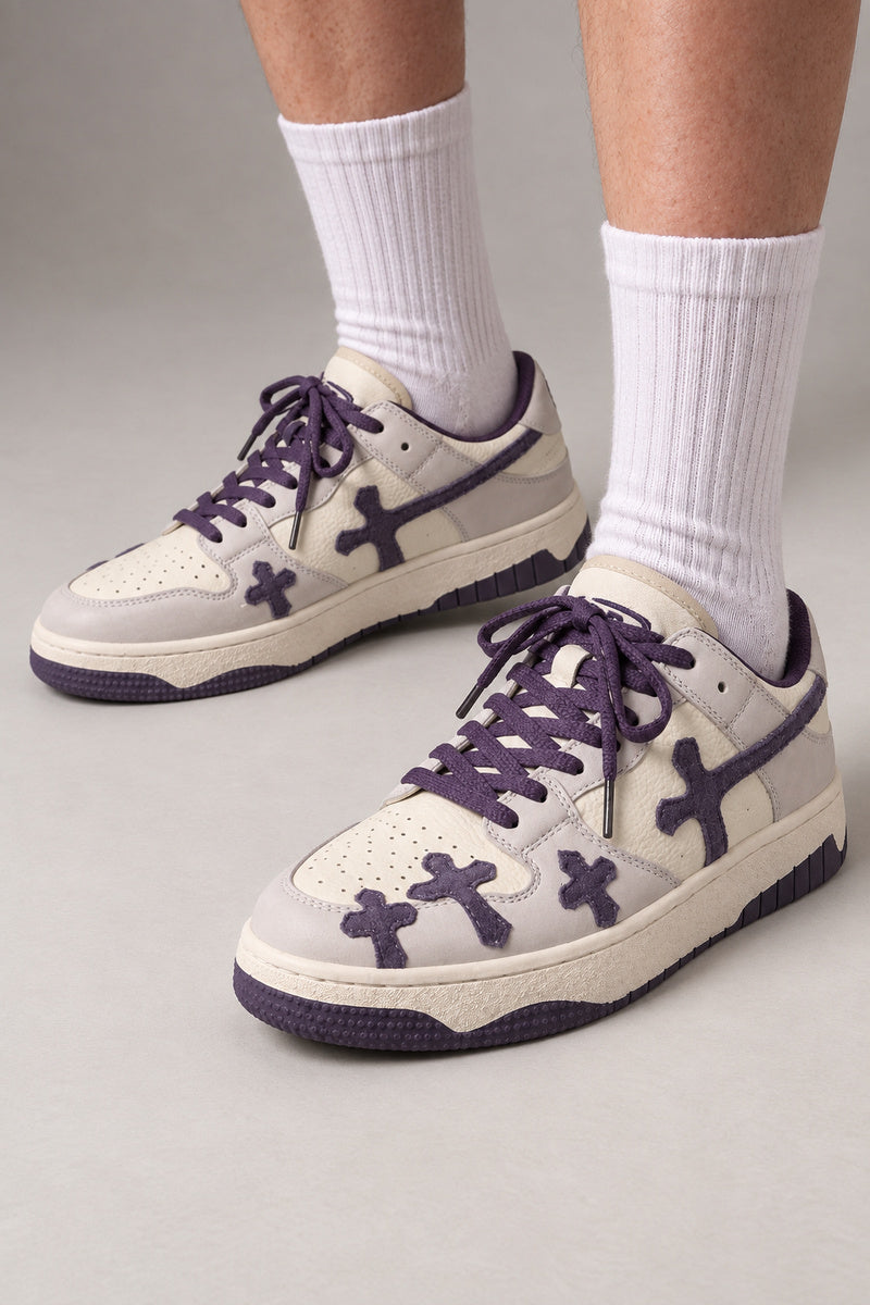 White Cross Patch Sneakers 'Jujika' – purple version of the cross patch sneakers, Japanese streetwear sneakers worn with white socks, on model