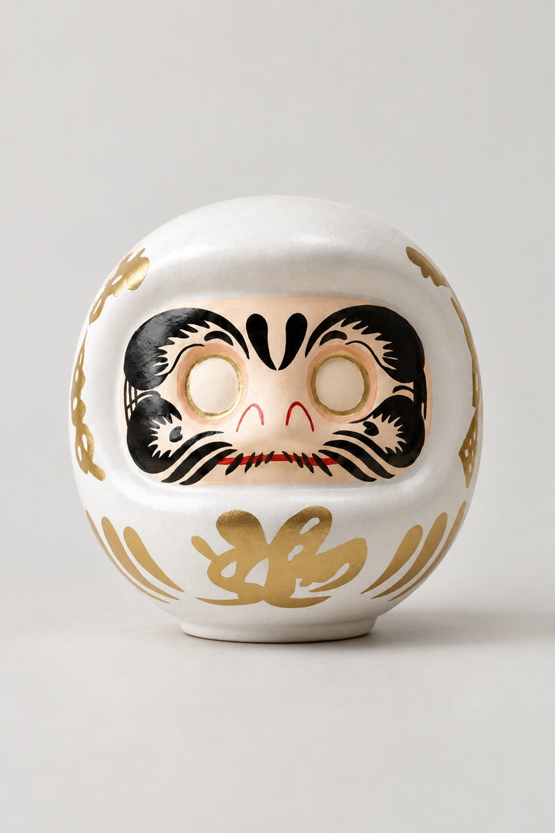 White Daruma Doll 'Kiyoraka' – white matte ceramic daruma doll with blank eyes to paint and a gold character on the belly, Japanese wishing doll, studio view