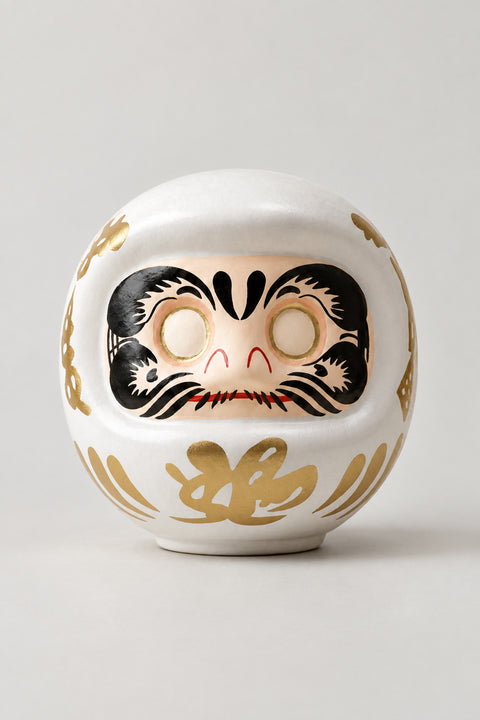 White Daruma Doll 'Kiyoraka' – white matte ceramic daruma doll with blank eyes to paint and a gold character on the belly, Japanese wishing doll, studio view