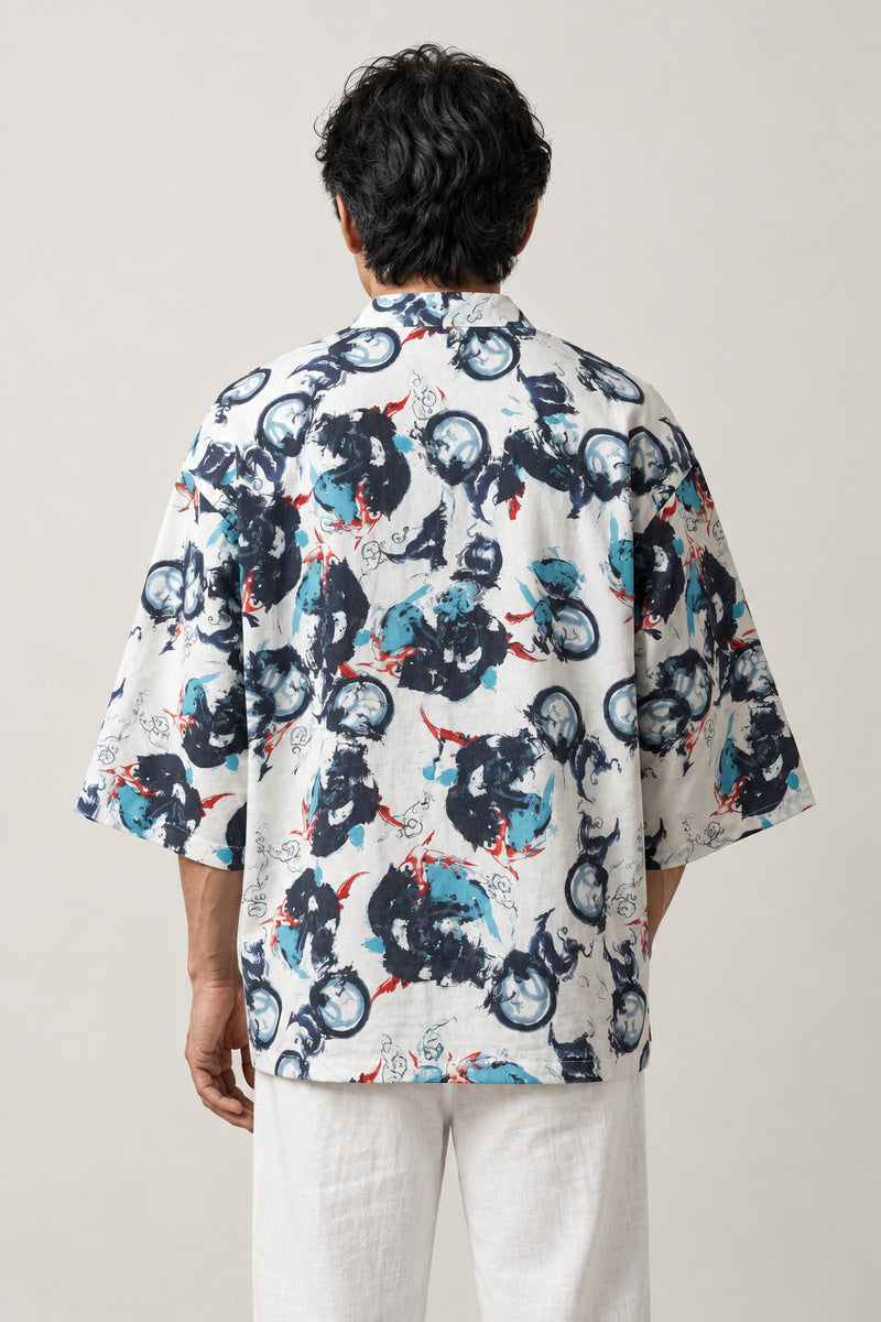 White Floral Kimono Cardigan 'Hanazono' – back view of white kimono cardigan with all-over blue floral print