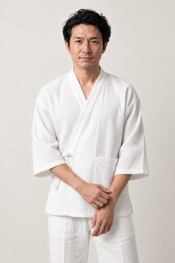 White Japanese Loungewear Set 'Gofun' – white jinbei loungewear set, unisex two-piece Japanese jinbei set with side-tie top and shorts, front view on model