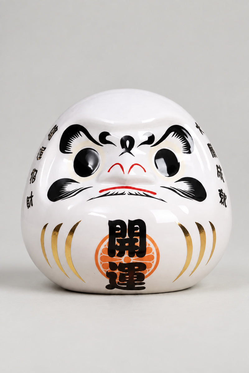 White Kami Daruma Doll 'Shinsei' – white glossy ceramic daruma doll with both eyes painted, gold streaks and the kanji for opening luck on the belly, Japanese good luck doll, studio view