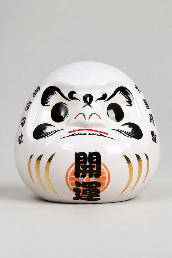 White Kami Daruma Doll 'Shinsei' – white glossy ceramic daruma doll with both eyes painted, gold streaks and the kanji for opening luck on the belly, Japanese good luck doll, studio view