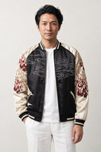 White Kitsune Souvenir Jacket 'Kitsunebi' – black and cream sukajan with embroidered white fox and torii, Japanese sukajan souvenir bomber jacket, front view on model