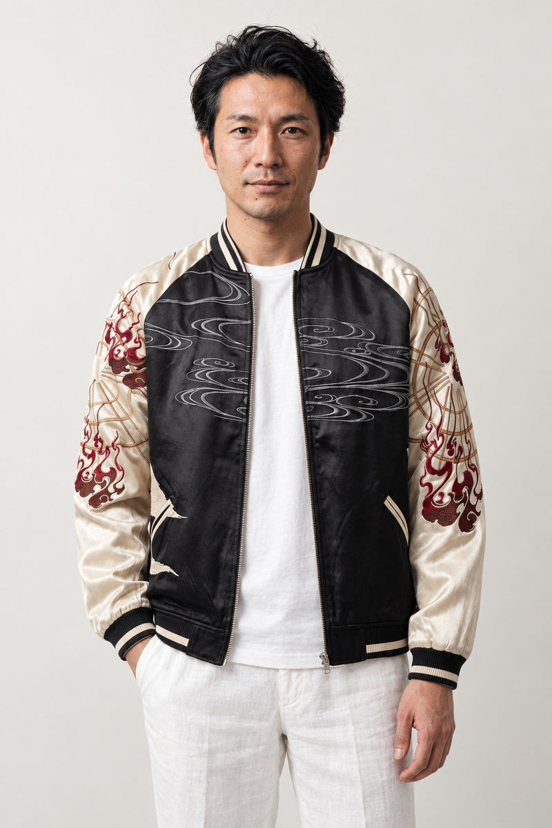 White Kitsune Souvenir Jacket 'Kitsunebi' – black and cream sukajan with embroidered white fox and torii, Japanese sukajan souvenir bomber jacket, front view on model