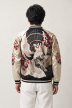 White Kitsune Souvenir Jacket 'Kitsunebi' – back view of black and cream sukajan showing the embroidered white kitsune fox and torii gate