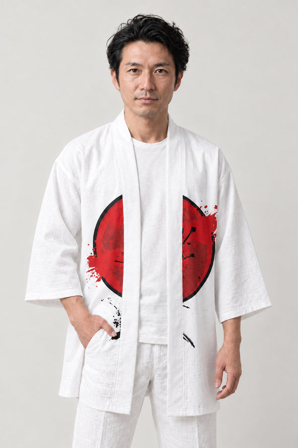 White Samurai Happi Coat 'Issen' – white happi coat with red sun and samurai silhouette print, Japanese happi coat, unisex festival jacket, front view on model