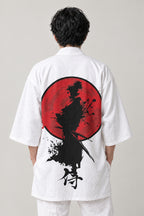 White Samurai Happi Coat 'Issen' – back view of white happi coat showing a samurai silhouette against the red rising sun with kanji