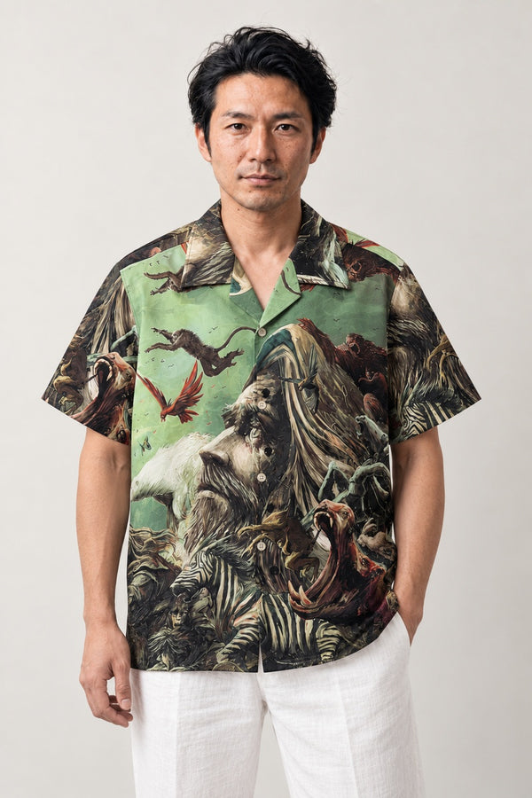 Wild Animal Art Shirt 'Yaju' – green short sleeve shirt with wild animal painting print, Japanese streetwear camp collar shirt, front view on model