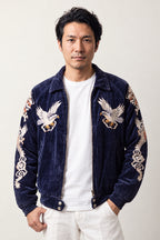 Winter Dragon Bomber Jacket 'Kanpu' – navy velvet-look sukajan bomber with embroidered eagle and Japan lettering, Japanese sukajan souvenir bomber jacket, front view on model