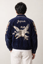 Winter Dragon Bomber Jacket 'Kanpu' – back view of navy velvet-look sukajan showing the embroidered white eagle and Japan lettering