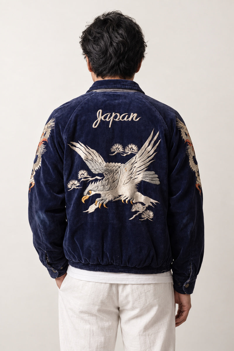 Winter Dragon Bomber Jacket 'Kanpu' – back view of navy velvet-look sukajan showing the embroidered white eagle and Japan lettering