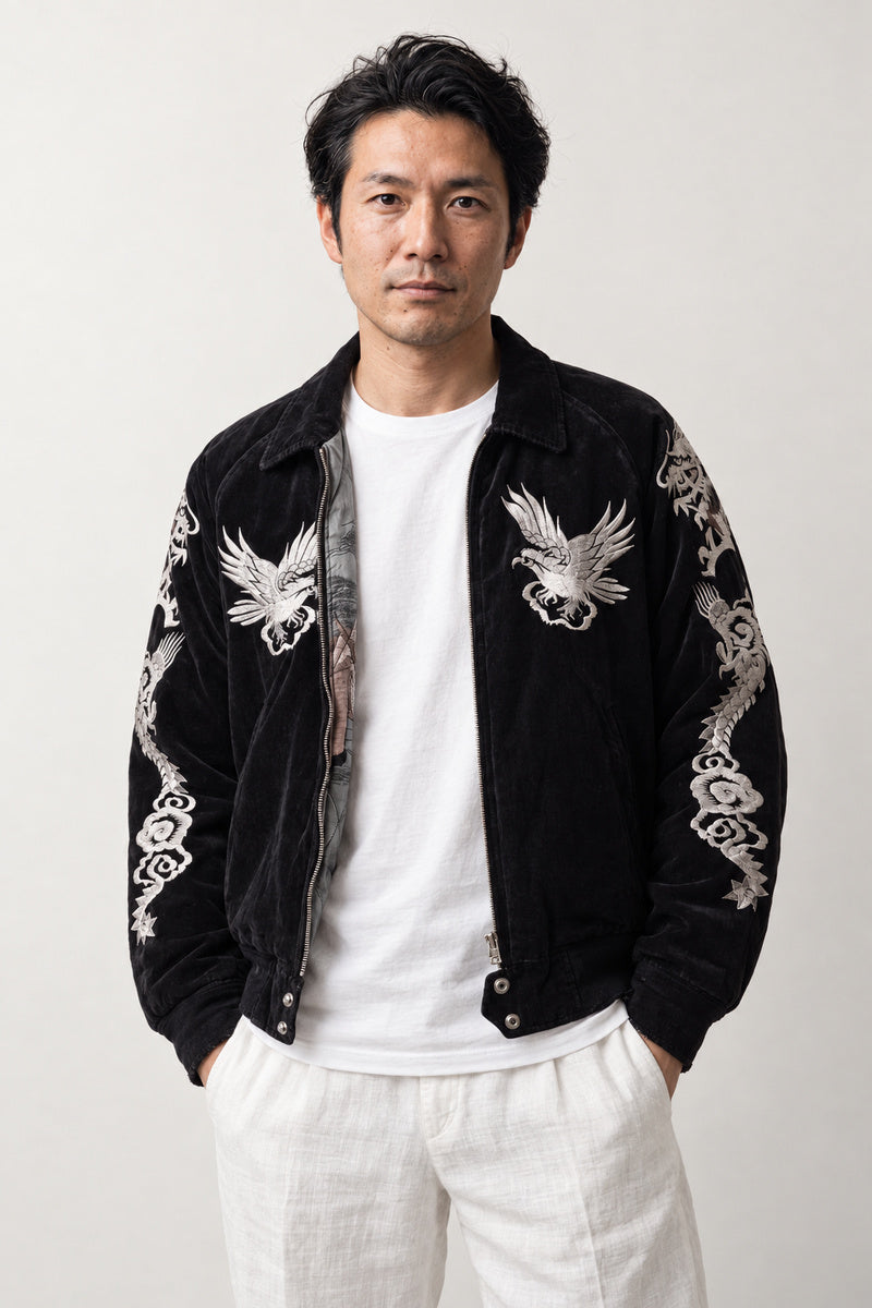 Winter Dragon Bomber Jacket 'Kanpu' – black version of the velvet-look sukajan with embroidered eagle, front view on model
