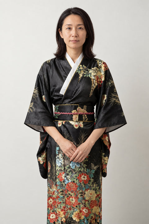 Women's Black Wisteria Kimono 'Fujinami' – black women's kimono with wisteria and floral print, white collar and patterned obi, long Japanese kimono robe, front view on model