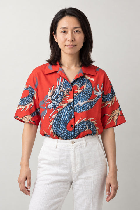 Women's Dragon Camp Collar Shirt 'Noboriryu' – red women's camp collar shirt with blue Japanese dragon print, short sleeve kimono style blouse, front view on model