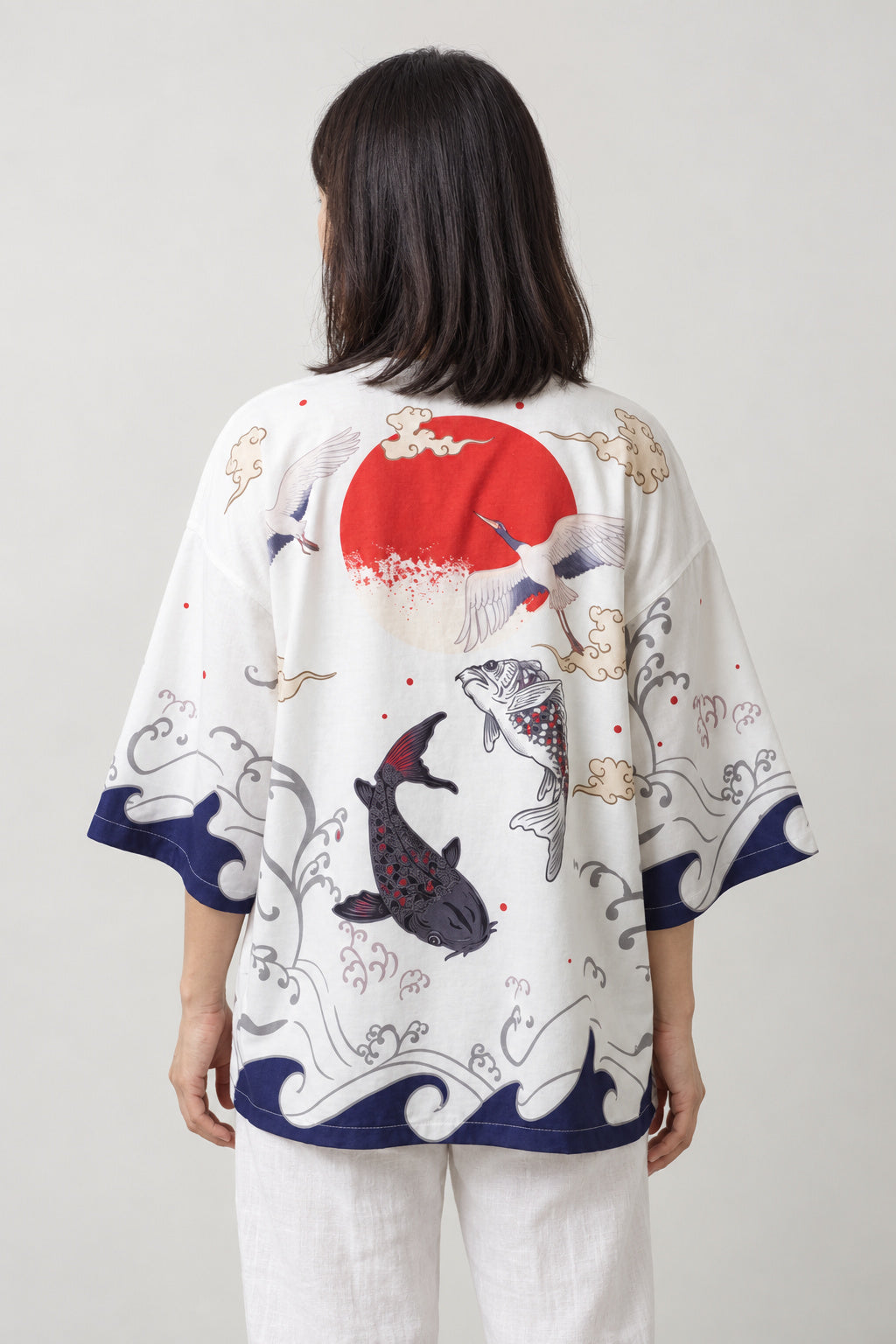 Women's Koi Kimono Jacket 'Murasaki' – back view of white kimono jacket with koi carp, waves and red sun print
