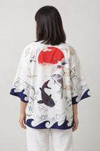 Women's Koi Kimono Jacket 'Murasaki' – back view of white kimono jacket with koi carp, waves and red sun print