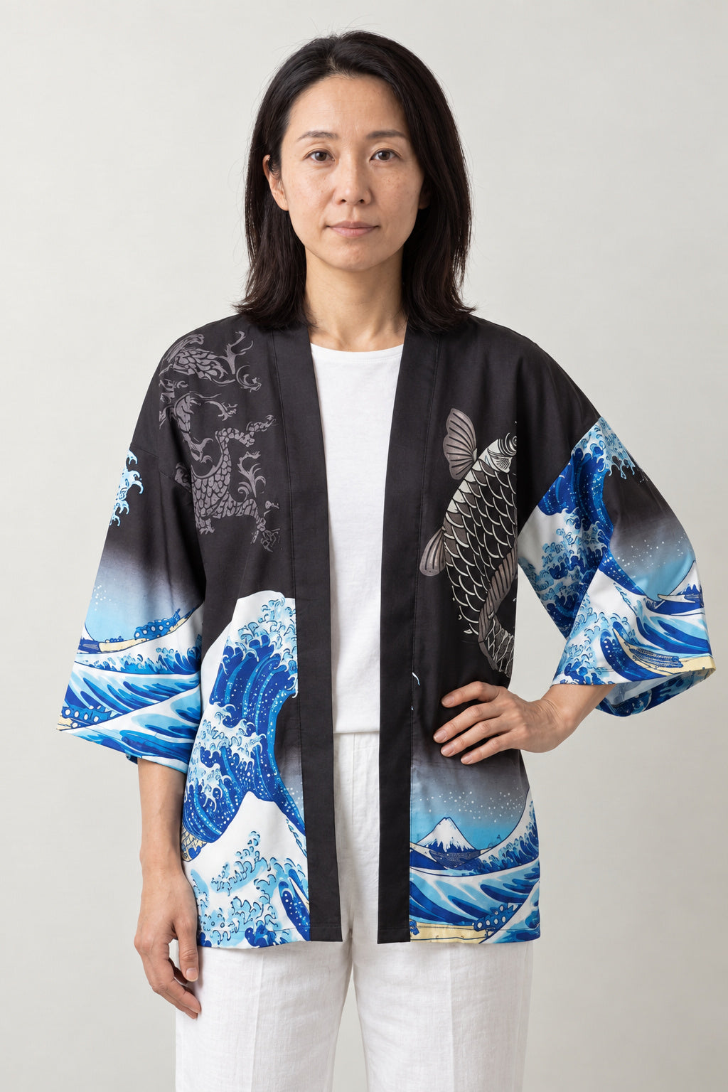Women's Koi Wave Kimono Blouse 'Noborigoi' – black version of the koi wave kimono blouse, front view on model