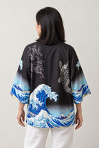 Women's Koi Wave Kimono Blouse 'Noborigoi' – back view of black kimono blouse with koi carp and wave print