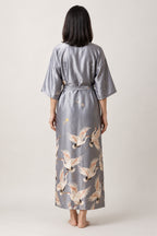 Women's Long Satin Robe 'Tsurugin' – back view of silver grey long kimono robe showing the crane print