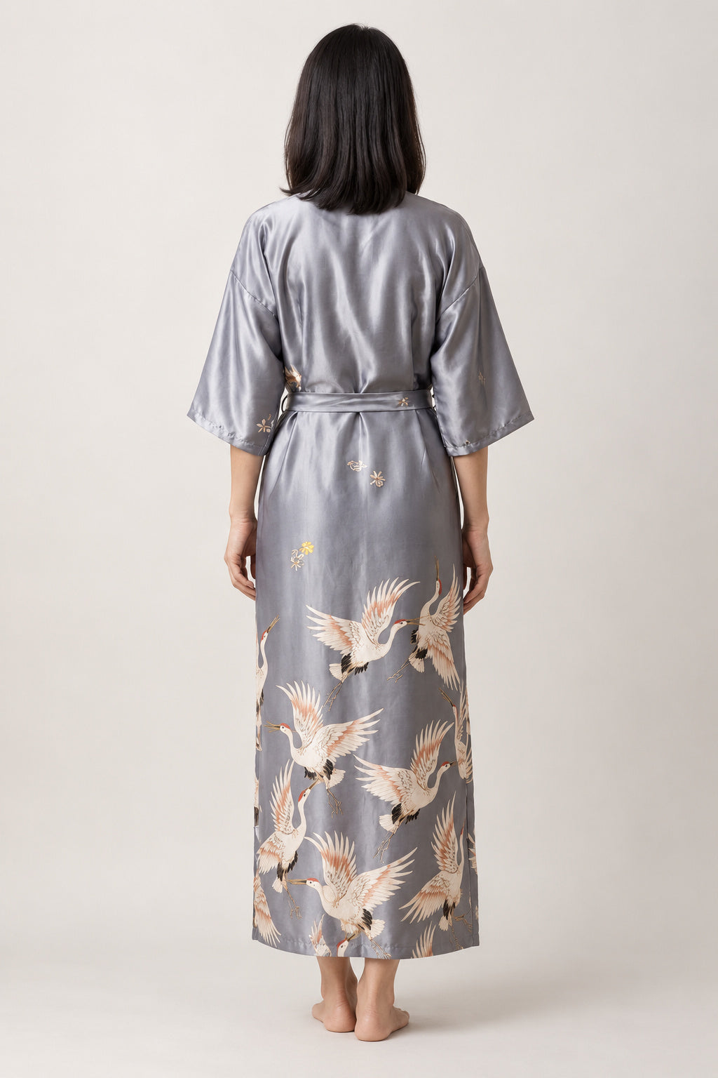 Women's Long Satin Robe 'Tsurugin' – back view of silver grey long kimono robe showing the crane print