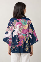 Women's Magenta Haori Kimono 'Yoiyami' – back view of women's haori showing the magenta floral and crane print